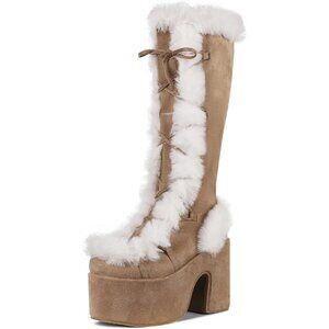 ⚡Womens Apricot Synthetic Mid Calf Lace Up Chunky High Heel Warm Fur Snow Boots